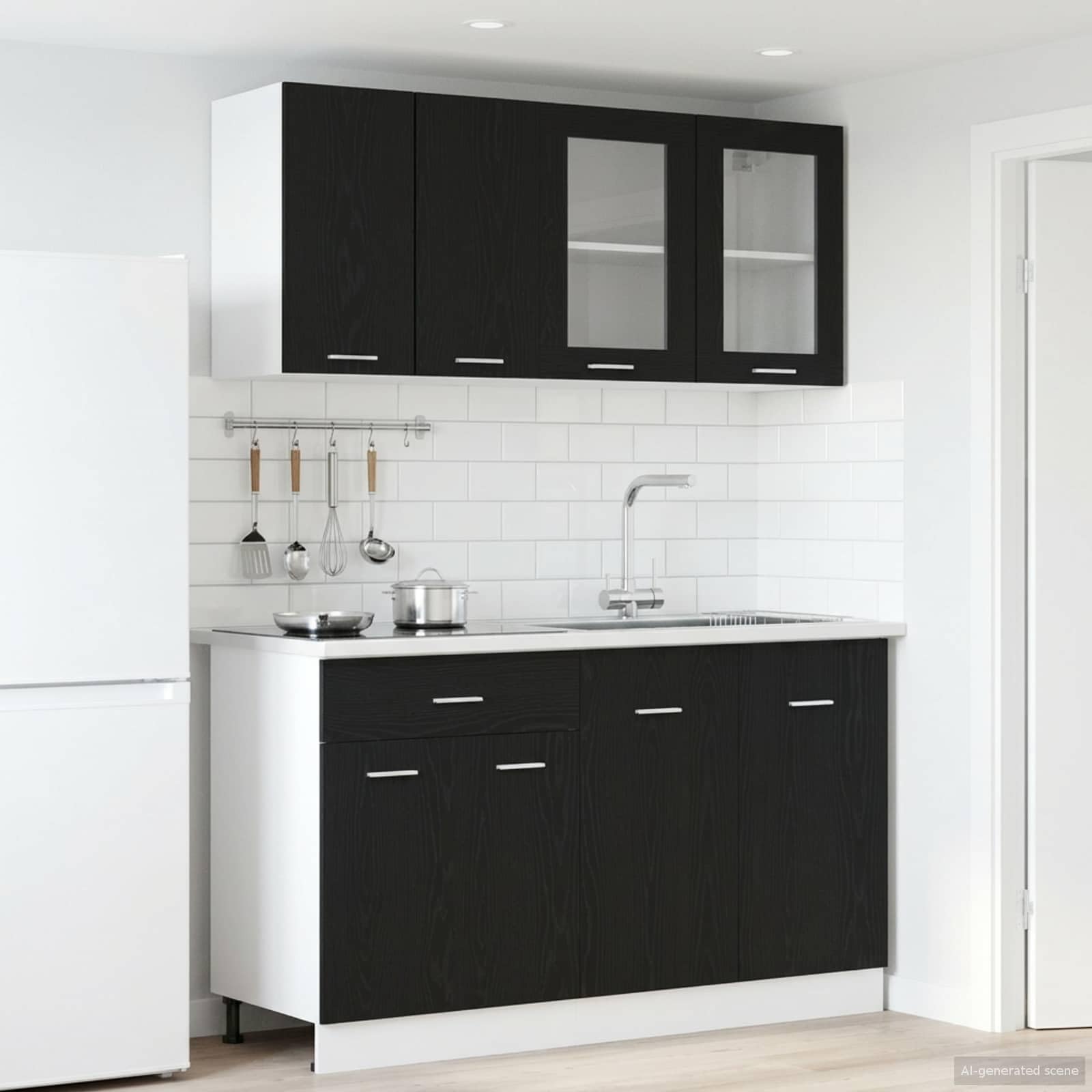 Meuble de Cuisine Lyon 4 Pièces Chêne Noir - Ensemble de Meubles de Cuisine en Bois d'Ingénierie avec Armoire sous Évier, Meuble Bas à Tiroir, Étagères et Placards Suspendus Vitrés