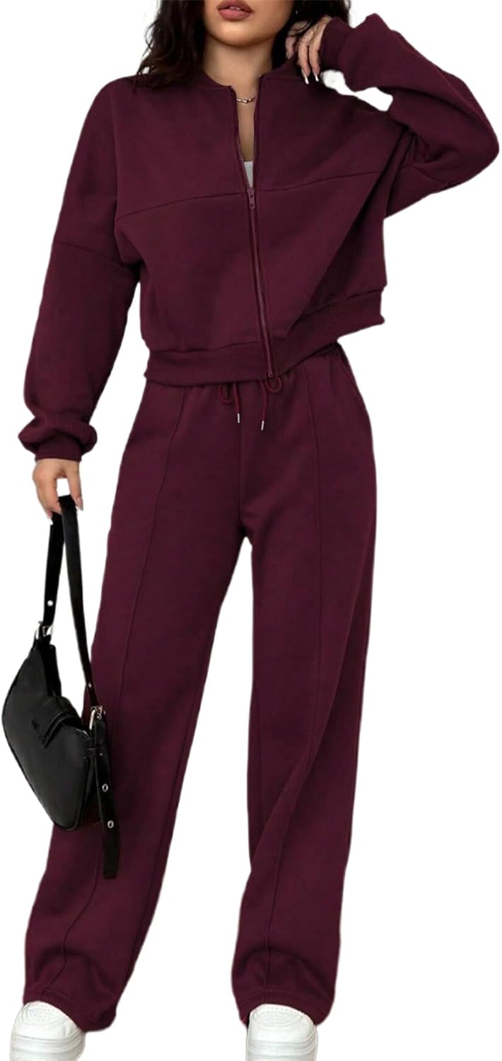 LovelyWholesale Women Sweatsuits 2 Piece Set Zip Up Sweatshirt and Wild Leg Sweatpants Set