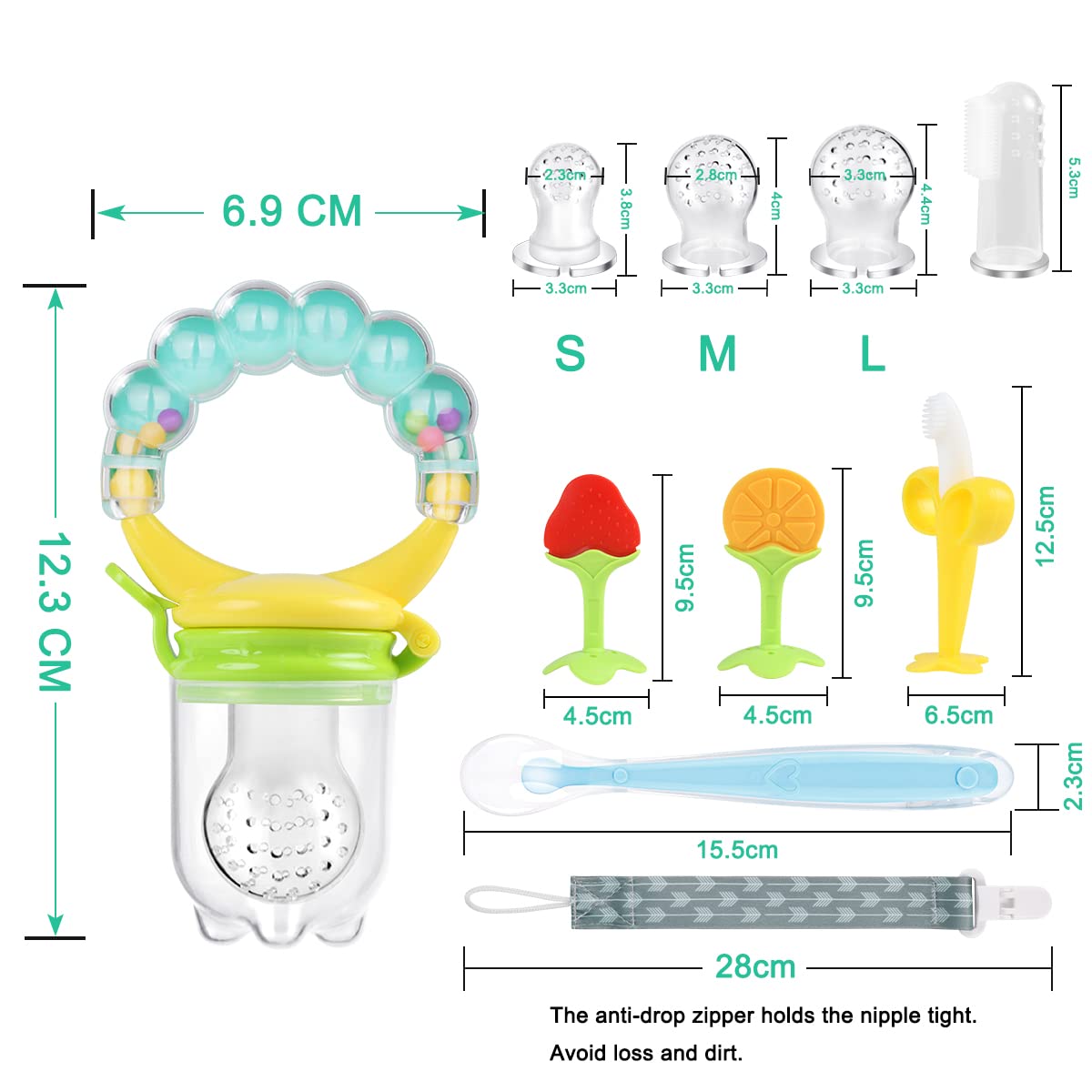 Vicloon Set di 15 Ciuccio Frutta Neonati, 2 Pezzi Ciuccio per Alimenti con 6 Ciuccio in Silicone, 3 Massaggia Gengive per Neonati, 2 Spazzolino da Dito, 1 Cucchiaino Svezzamento, 1 Clip per Ciuccio