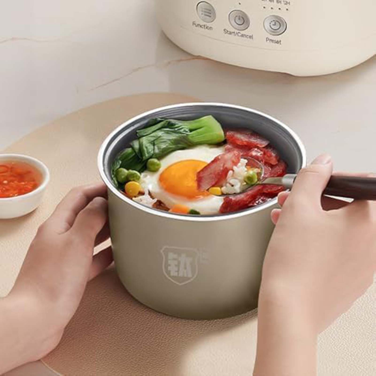 THEGA Cuociriso da 1,2 Litri, Pentola Interna Antiaderente, Multifunzione per Riso, Cereali, Porridge, Zuppe, Funzione di Mantenimento in Caldo, Facile da Pulire, Ideale per 1-2 Persone, Studenti