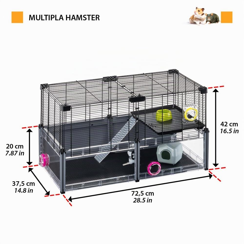 FERPLAST - Cage Hamster - Cage Souris - Cage Hamster Grande - Grillage Métallique - avec Accessoires - Modulaire - Multipla Hamster, 72,5 x 37,5 xh 42 CM