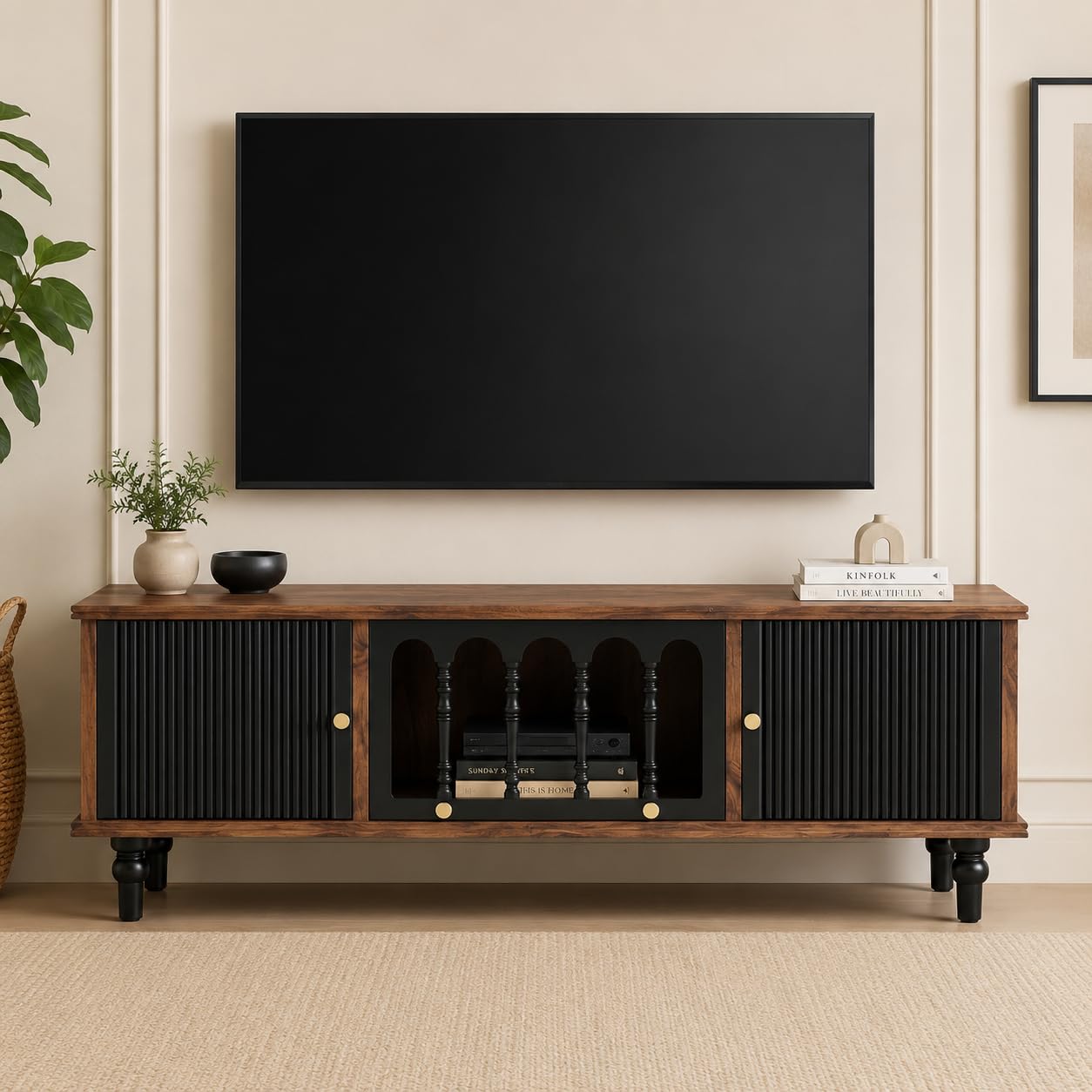 Solid Acacia Wood TV Entertainment Unit with Storage Cabinet & Open Display Shelf | Wooden TV Stand for Living Room | Fluted Sliding Doors | 108 x 40 x 55 cm | Walnut & Black Finish-image-48