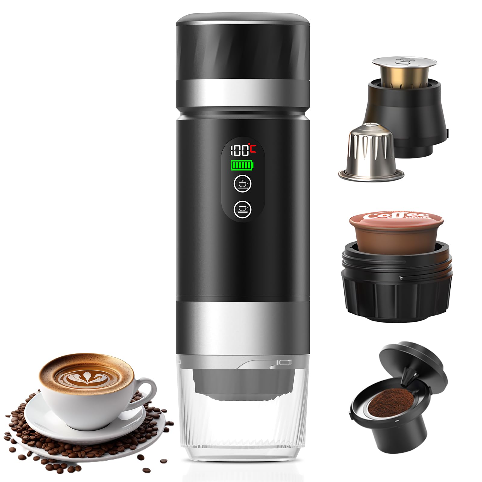 Machine à Café Portative pour Voiture,Cafetière de Voyage avec Chauffage Électrique USB-C,Compatible avec Capsules NS et Café Moulu,80ml Mini Cafetière pour Camping,Bureau et Randonnée