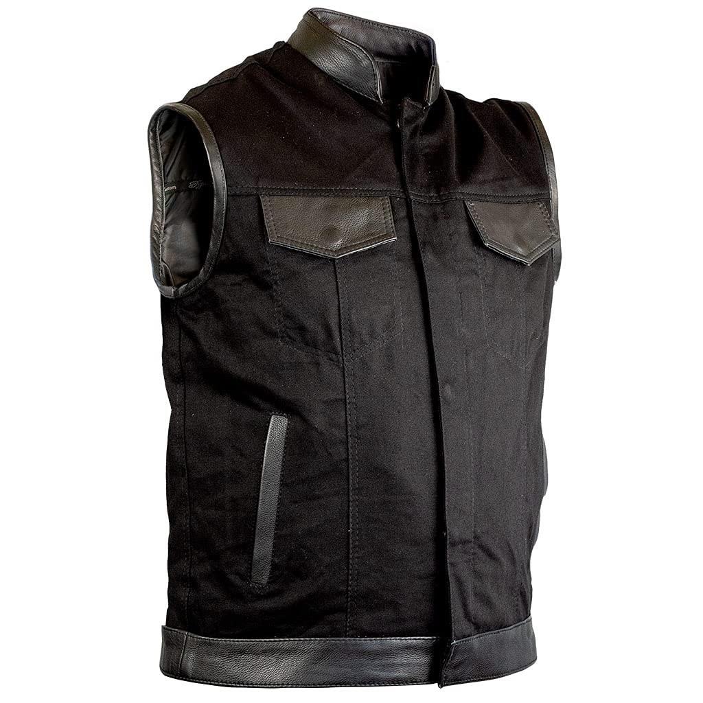 Chaleco motero vaquero negro con detalles en cuero modelo SOA de IGUANA CUSTOM COLLECTION estilo biker custom para poner parches de clubs o freebikers