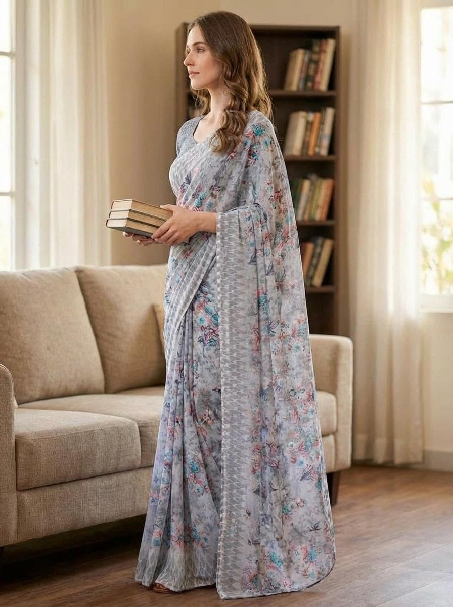 anand sarees Printed Georgette Saree With Unstitched Blouse Piece-picture-38