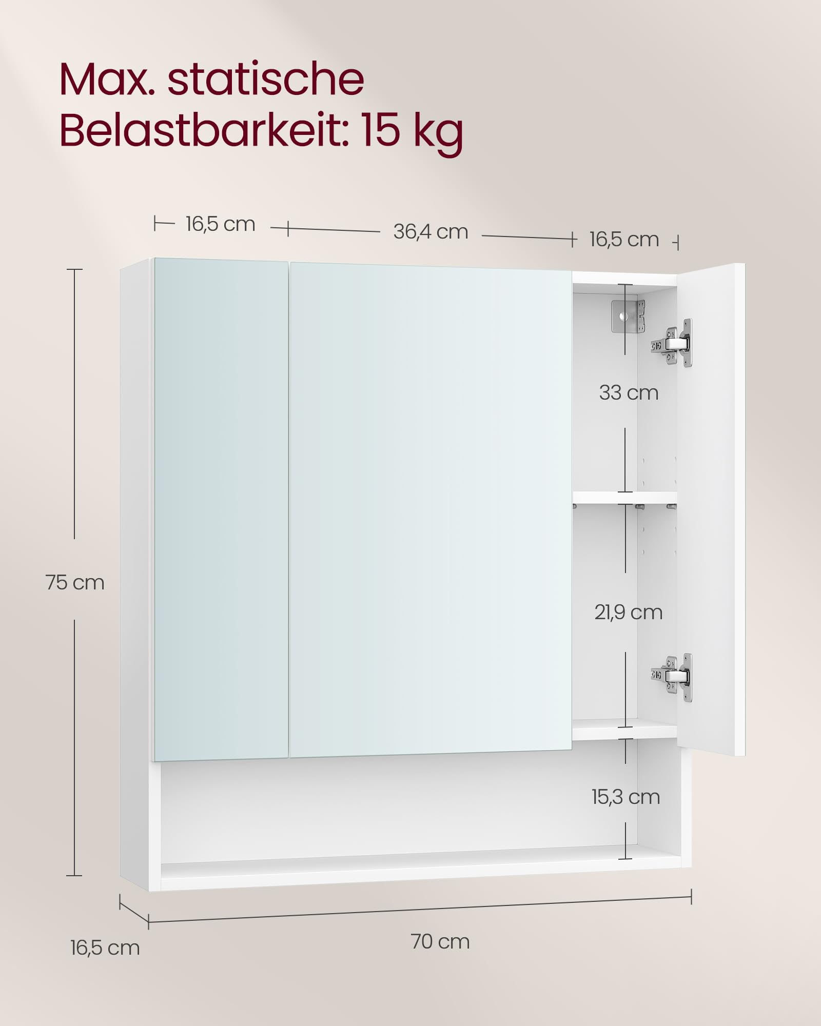 VASAGLE Kailyn Kollektion - Badezimmerschrank mit 3 Türen, Spiegelschrank, Badschrank, offenes Fach, verstellbare Ablagen, 16,5 x 70 x 75 cm, wolkenweiß BBK129W01