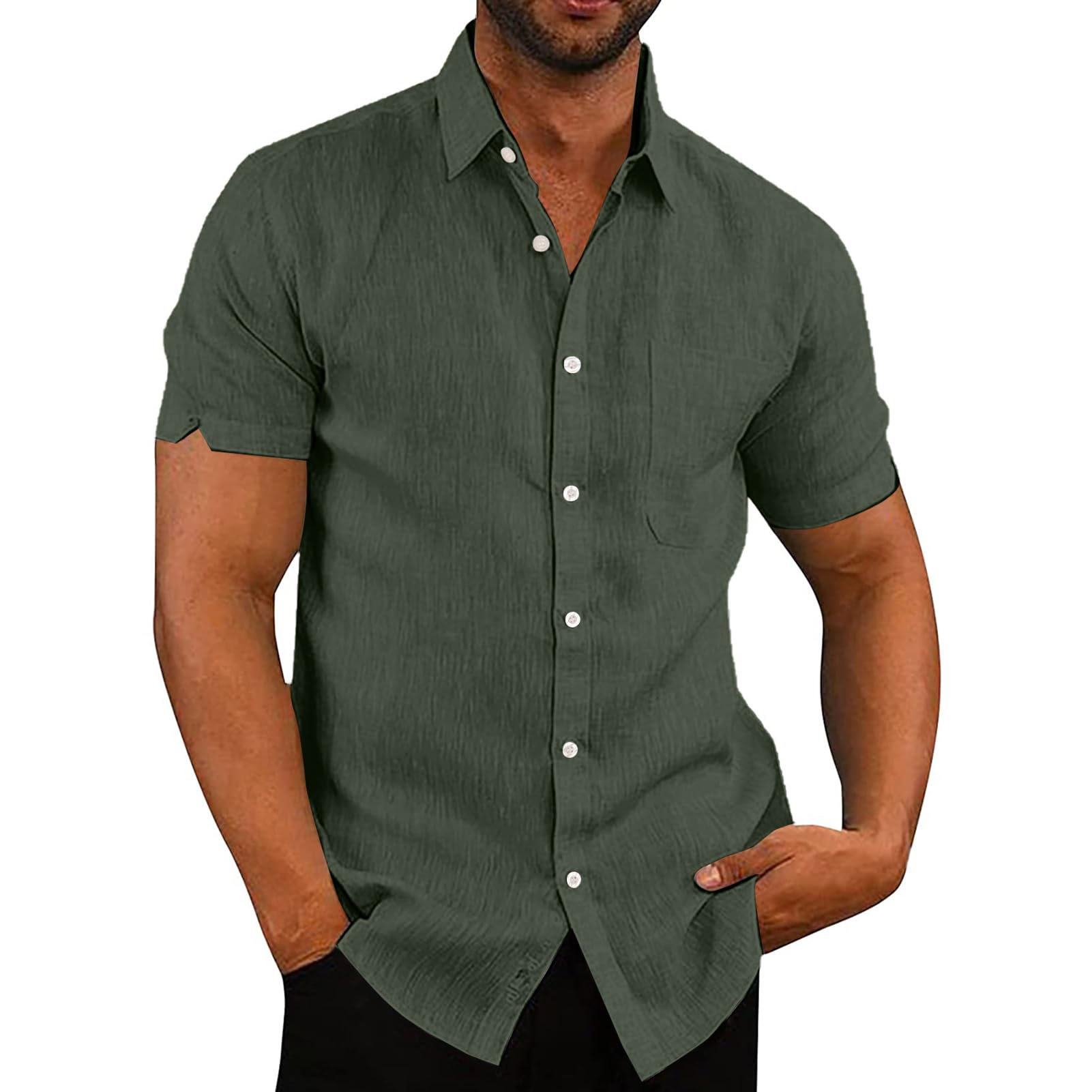 VANVENE Camisas de manga corta para hombre Casual Regular Fit Business Linen con botones