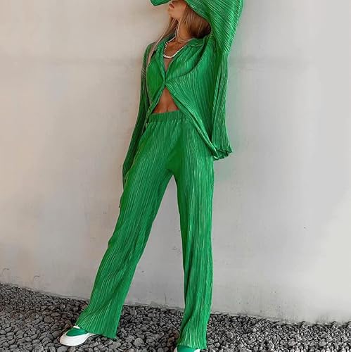 Nufiwi Women Pleated 2 Piece Pants Outfits Casual Loose Button Shirt Blouse Top Long Wide Leg Palazzo Pants Set Jumpsuit(Lounge Green,S) #TOP1
