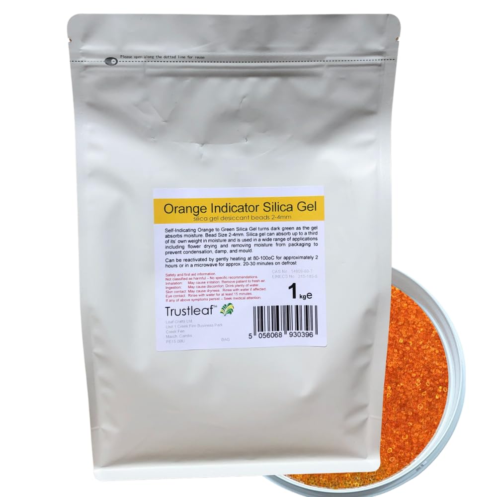 Trustleaf 1kg, 2.2lbs Bag Orange Indicator Silica Gel Desiccant 2-4mm Beads - Dehumidify - Flower Drying - 3D Printing - Storage