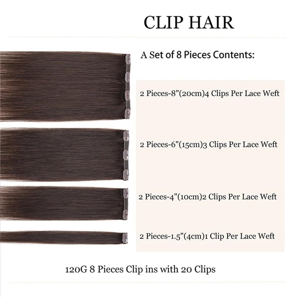 Extensiones de cabello de moda Extensiones de cabello humano con clip, 120 g, 8 unidades, n.° 2, color marrón oscuro, doble trama Suaves(18inches)