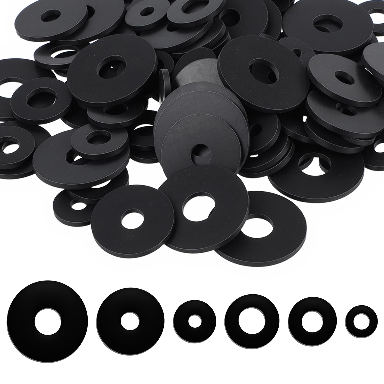 108 PCS Black Flat Rubber Washers Assortment Kit, 12/16/18/20/25/30 Mm 6 Sizes Round Gasket Gasket Assortment Vibration Absorbing Pads Sealing Rubber Washers for Bolts Screws Faucet Pipe Hose Repair