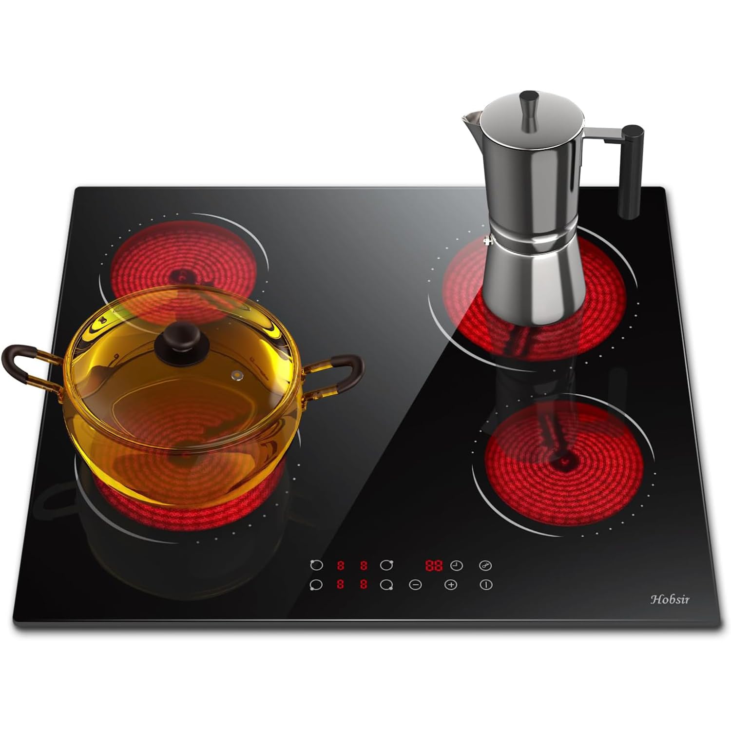 Hobsir Piano Cottura Vetroceramica 4 Fuochi, Piano Cottura Elettrico da incasso 60CM, Piastra Vetroceramica 6000W, 9 Livelli di Potenza, Blocco di Sicurezza, 220V