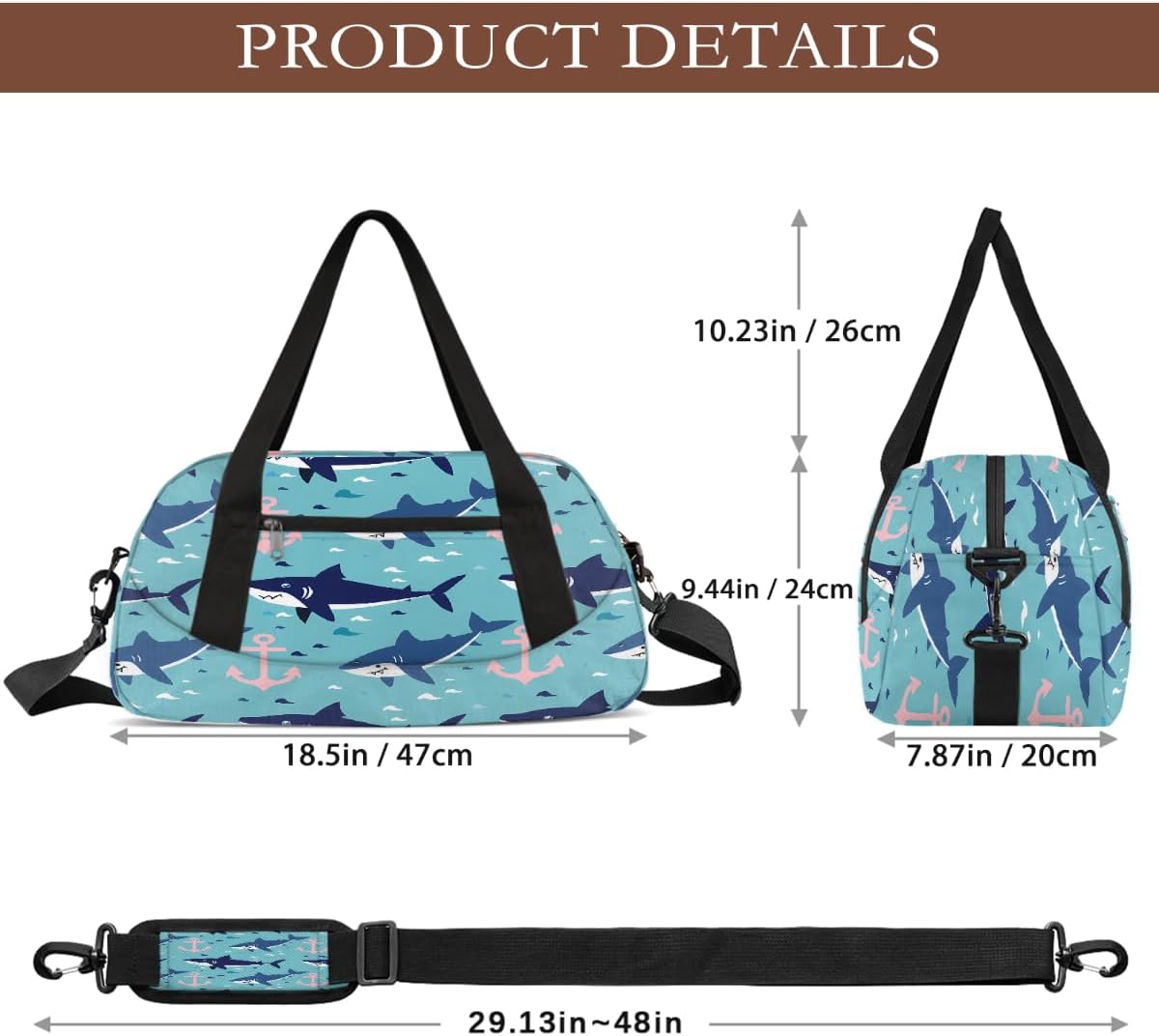 Cartoon Cute Shark Anchor Kids Duffle Bag, Small Lightweight Travel Sports Bag for Boys Girls, Overnight Weekender Tote, Gym Carry On Bag for School Sports Sleepover