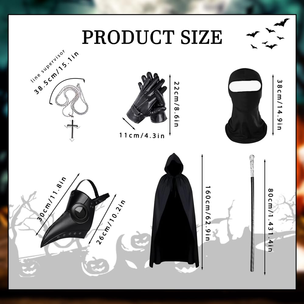 Medico Della Peste Costume, Halloween Plague Doctor Costume con maschera medico della peste,Scettro,Guanti,Collana,Croce Mantello,Costume Medico Della Peste Uomo,Costume Halloween per Adulto