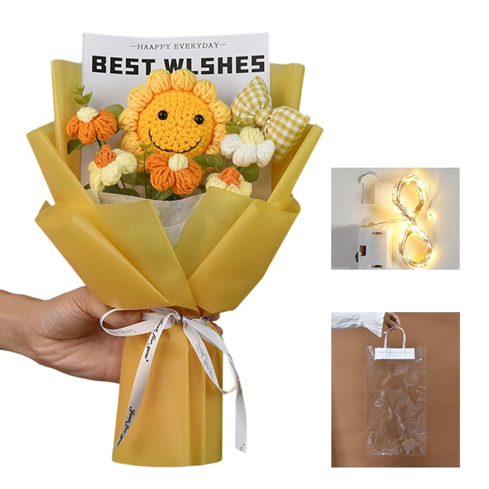 Handmade Crochet Flowers Bouquet, Completed Sunflower Knitted Flower Bouquet with Tote Bag and Light String, Crochet Artificial Flowers for Valentine's Day, Mother's Day, Anniversary, Graduation