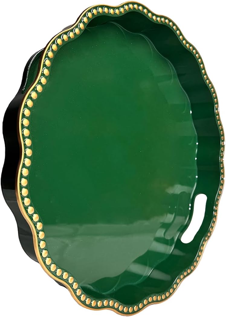 Green Decorative Tray for Coffee Table, Wavy Scallop Beaded Plastic Serving Tray forKitchen Counter, Ottoman, Living Room, (13")