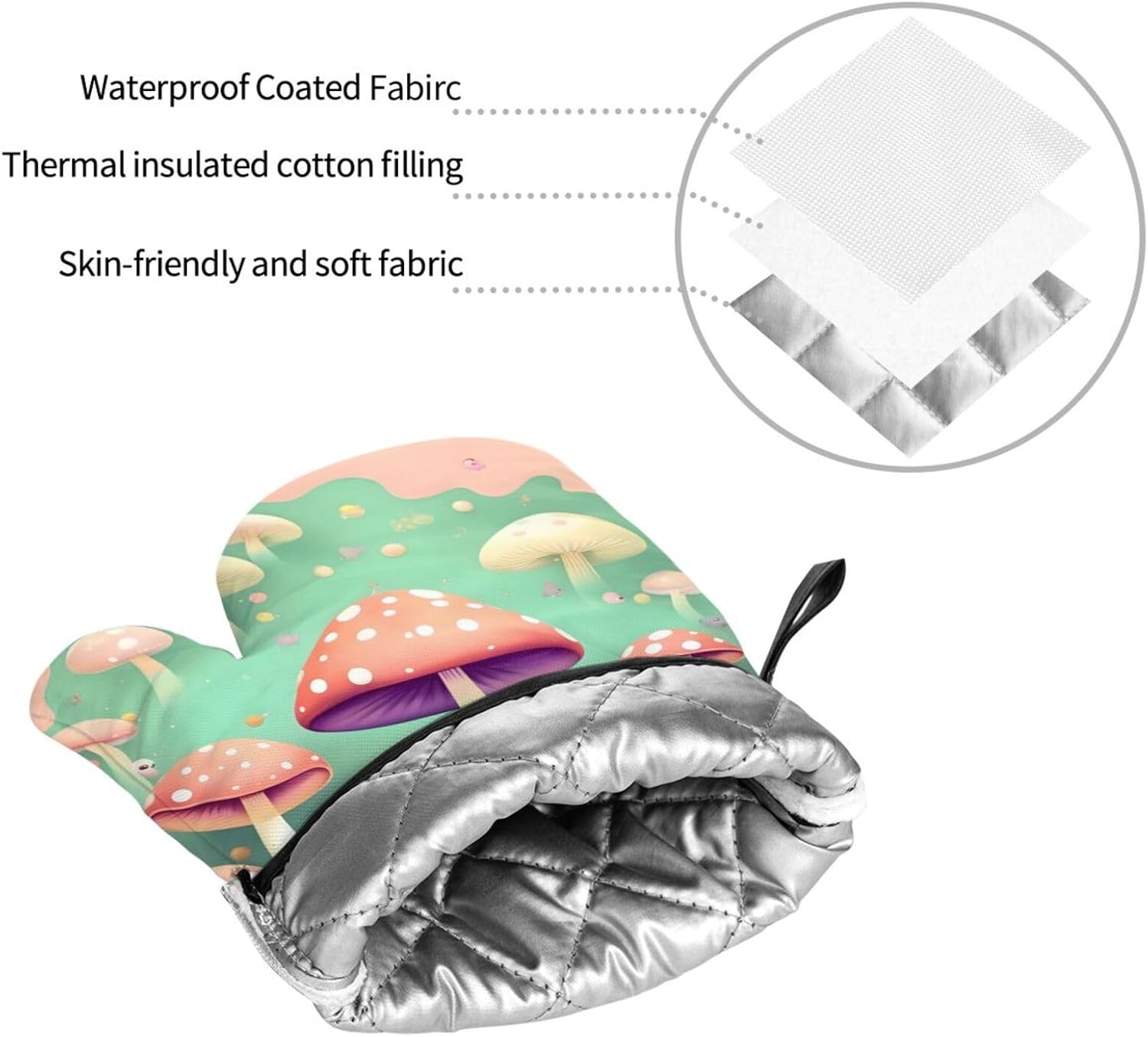 Dream Mushroom Oven gloves and heat-resistant mat 4-piece set. Suitable for grilling, microwave oven frying, and baking