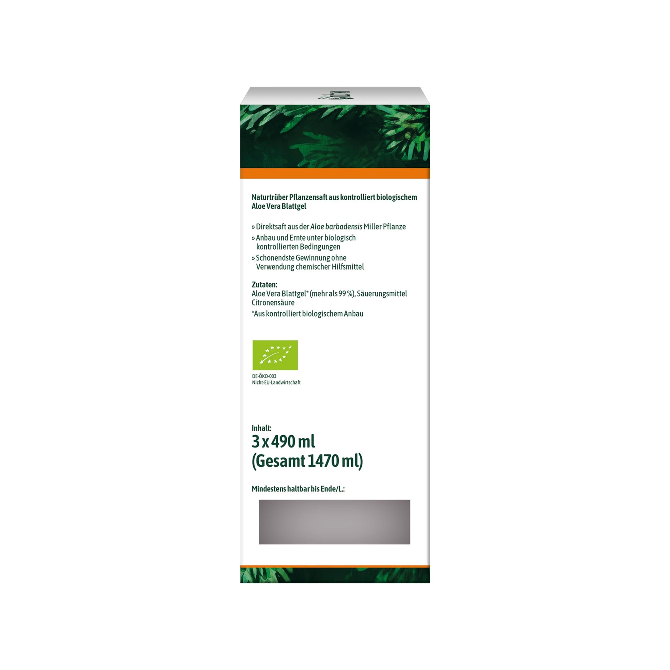 hübner® Aloe Vera Bio-Pflanzensaft naturtrüb | 100% naturtrüber Aloe Vera-Saft | Aus kontrolliert biologischem Anbau | Ungefiltert & vegan | Frischer Geschmack | 3 x 490 ml