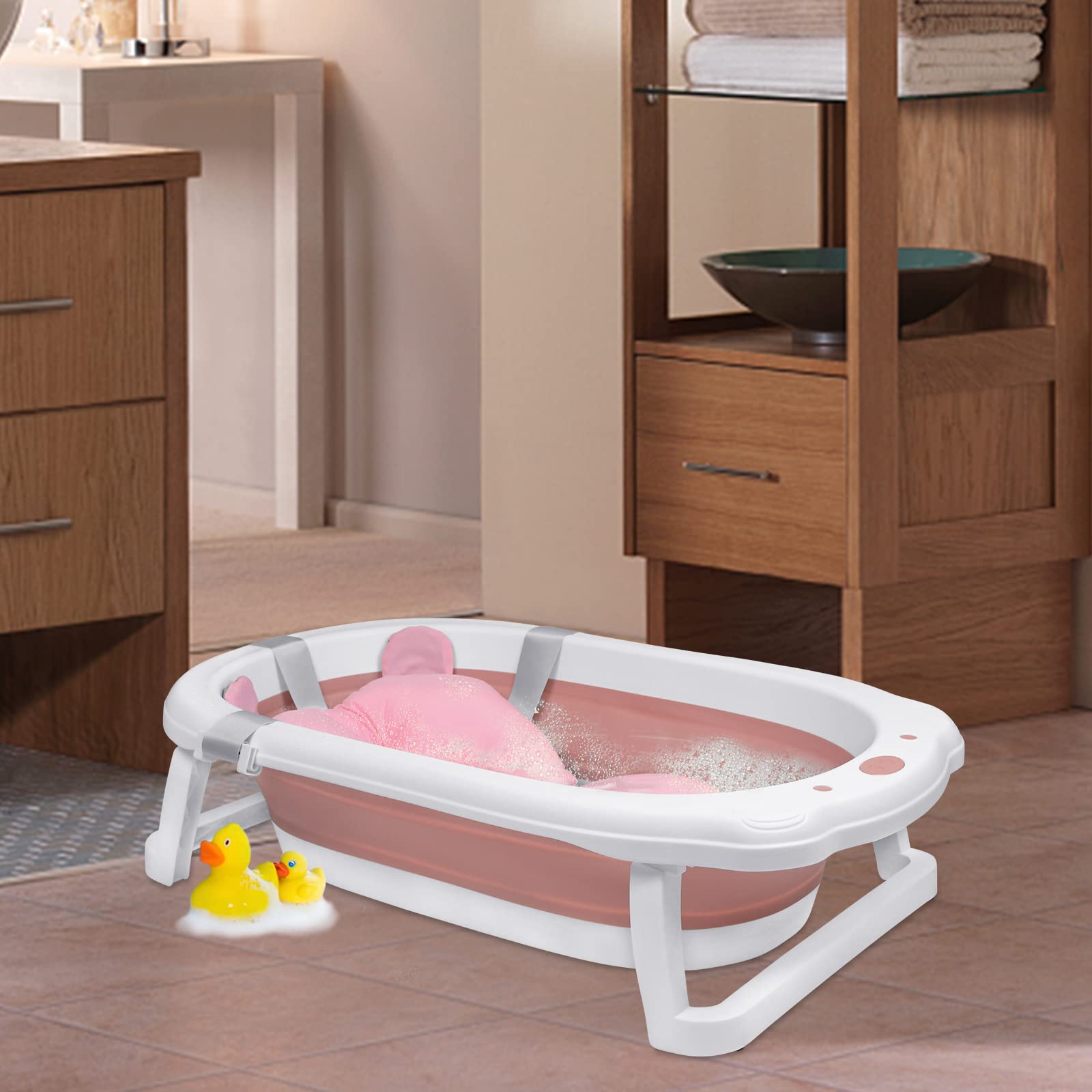 YUENFONG Vaschetta da Bagno Pieghevole, Vasca da Bagno per Bambini in Materiale PP Doppia Antiscivolo, Salvaspazio e Facile da Trasportare, per Bambini da 0 a 8 Anni, Rosa con Tappetino da Bagno