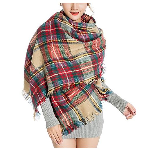 Abrigo de la bufanda del mantón de la tela escocesa de Cozy Chequeado Mujeres Señora Manta Tartán de gran tamaño (Blanco crema y rojo)