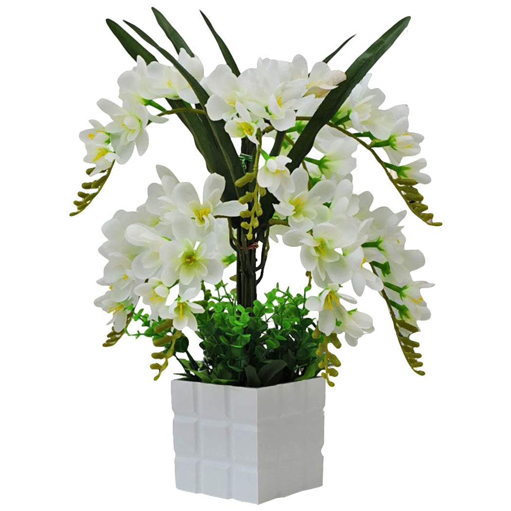Outgeek Potted Flower Fake Silk Moth Orchid Indoor Artificial Flower in Pot for Home Decor