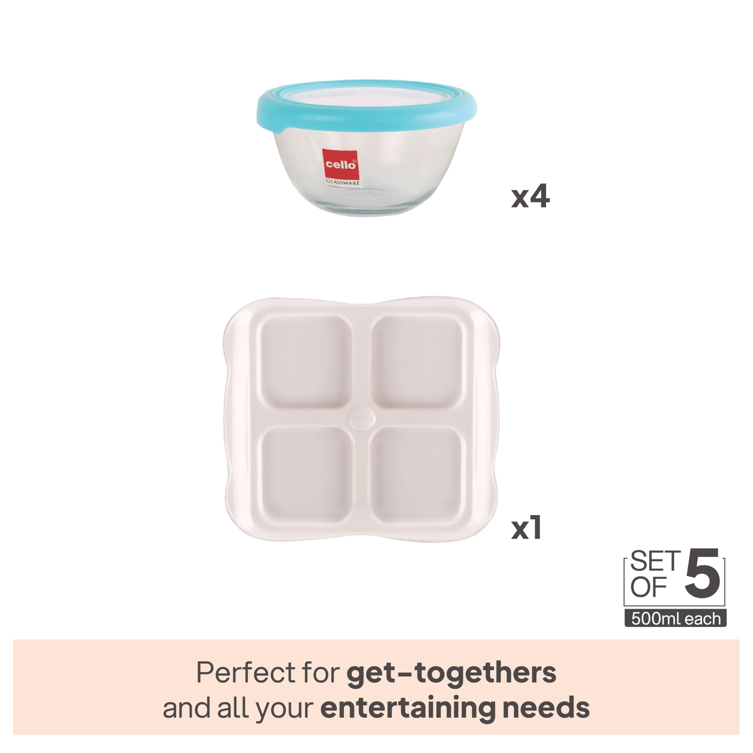 Cello Snack Tray Set, Serving Bowls, Microwave Safe, 320 ml Each (Set of 4) with Tray - Image 5 thumbnail