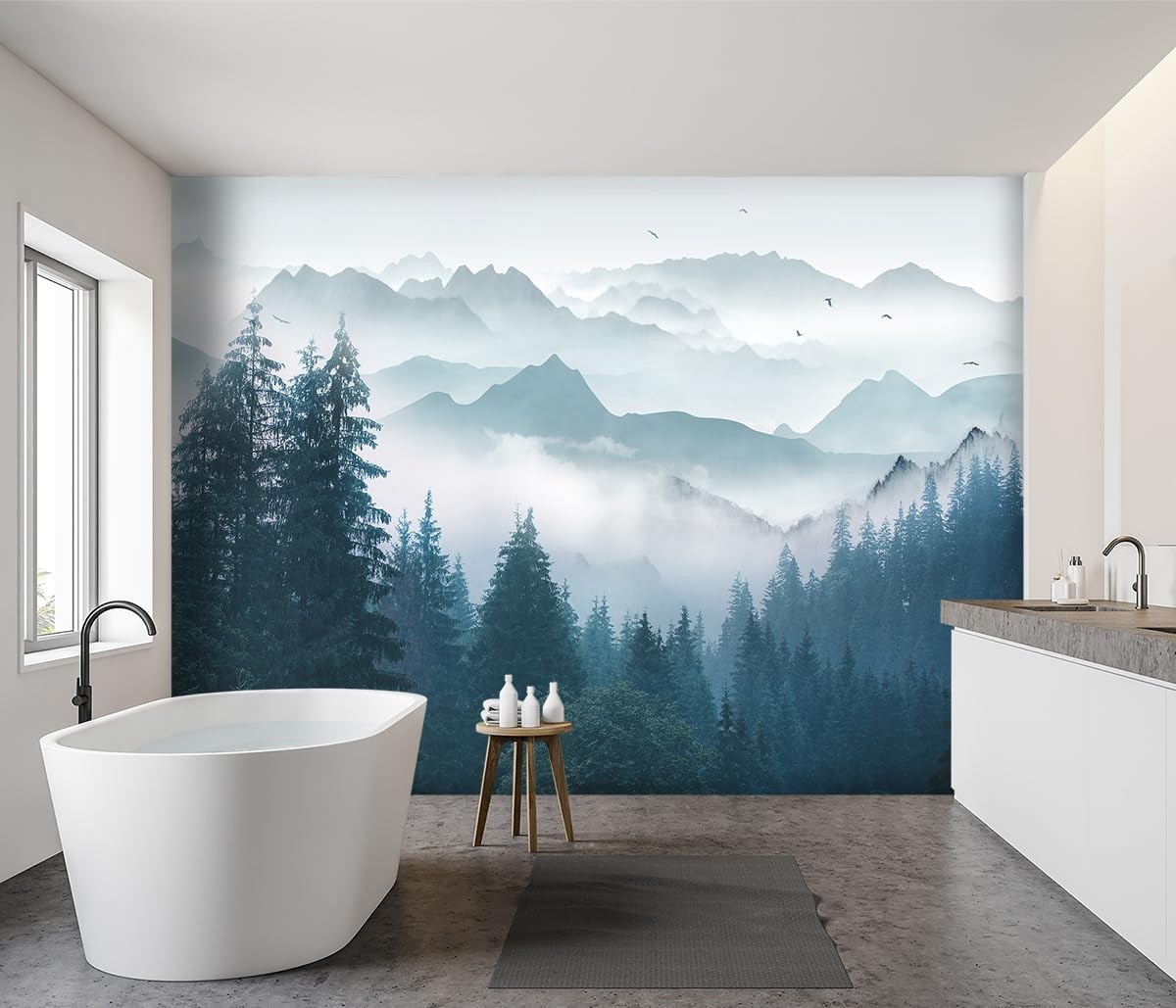 -Foggy Forest Pine Scenery Fabric Wallpaper Living Room Bedroom Bathroom Mountain Wall Mural- 91"x65"（ not Peel and Stick）