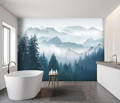 Miniatura 3 de Mural de pared de bosque nebuloso con escena de pino, papel tapiz de tela para sala de estar, dormitorio, baño, mural de montaña - 91"x65" (no se