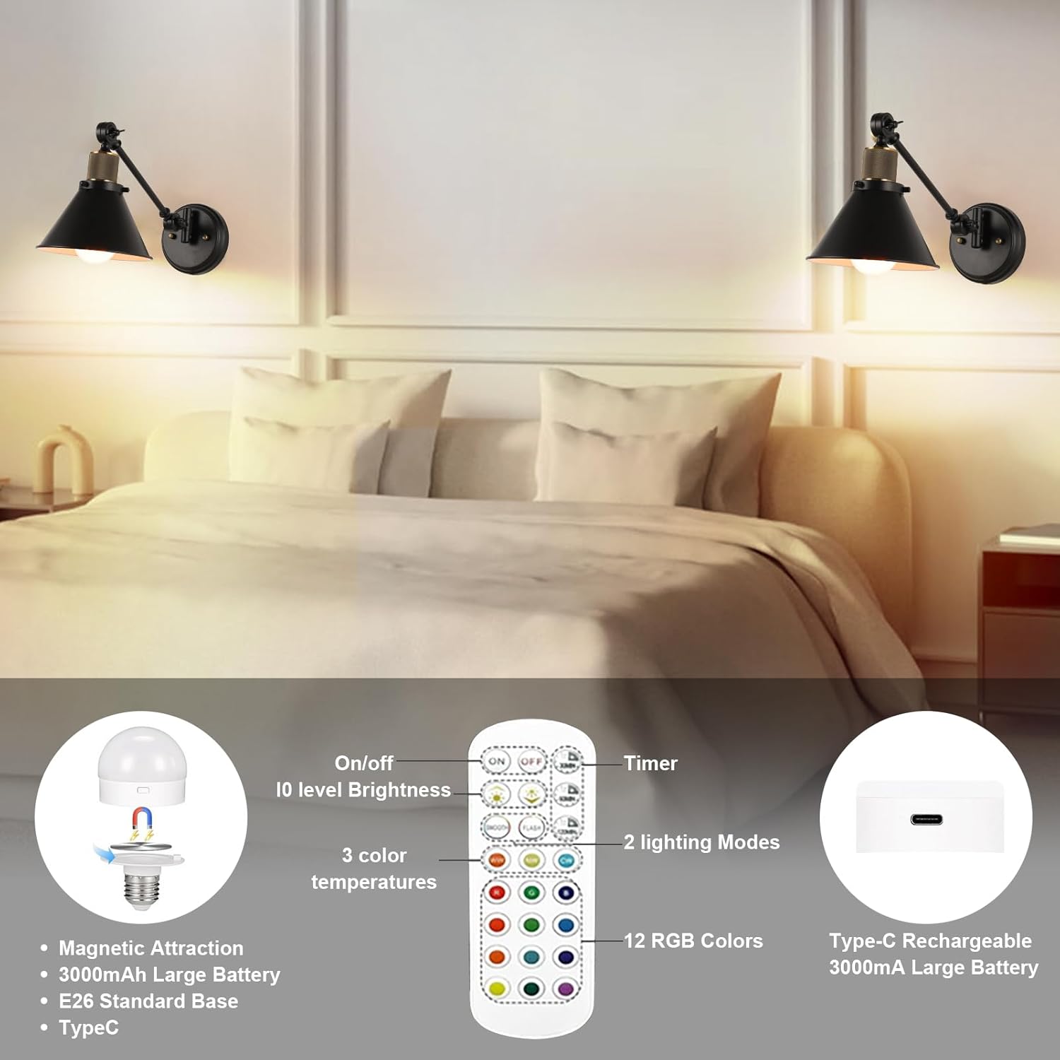 TRLIFE Rechargeable Battery Operated Wall Sconce, Dimmable and Adjustable Color Temperature Wireless Wall Sconces Set of 2 with Remote Control, Swing Arm Wall Mounted Light for Bedroom Bedside Hallway