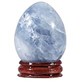 Sportmusies Natural Blue Celestite Stone Egg with Wood Stand, Polished Reiki Stone Egg Figurine Decoration for Home Desk Meditation, 2-2.36 inches