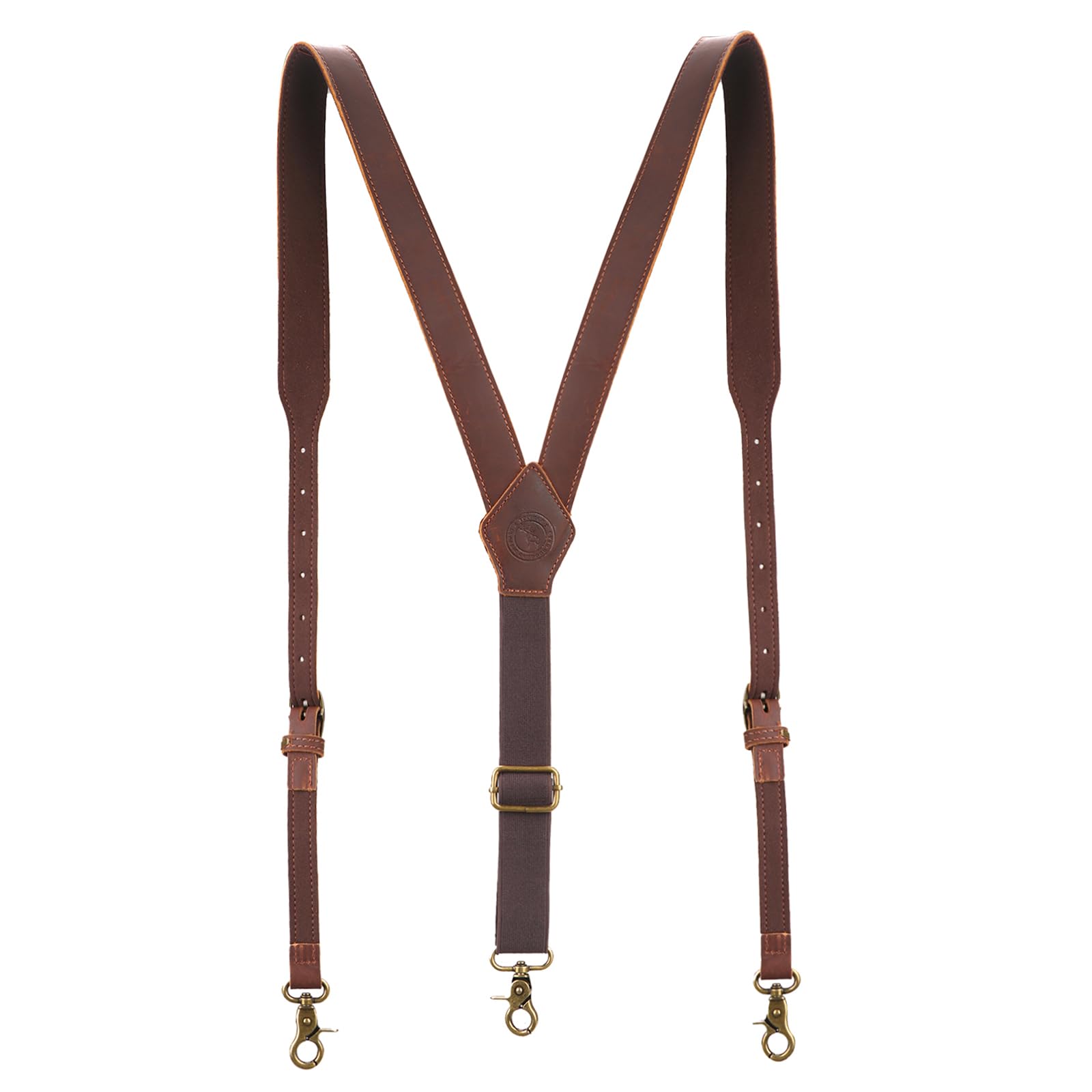 Tourbon Genuine Leather Suspenders for Men Heavy Duty Y Back Design Adjustable Straps with 3 Metal Snap Hooks, Brown