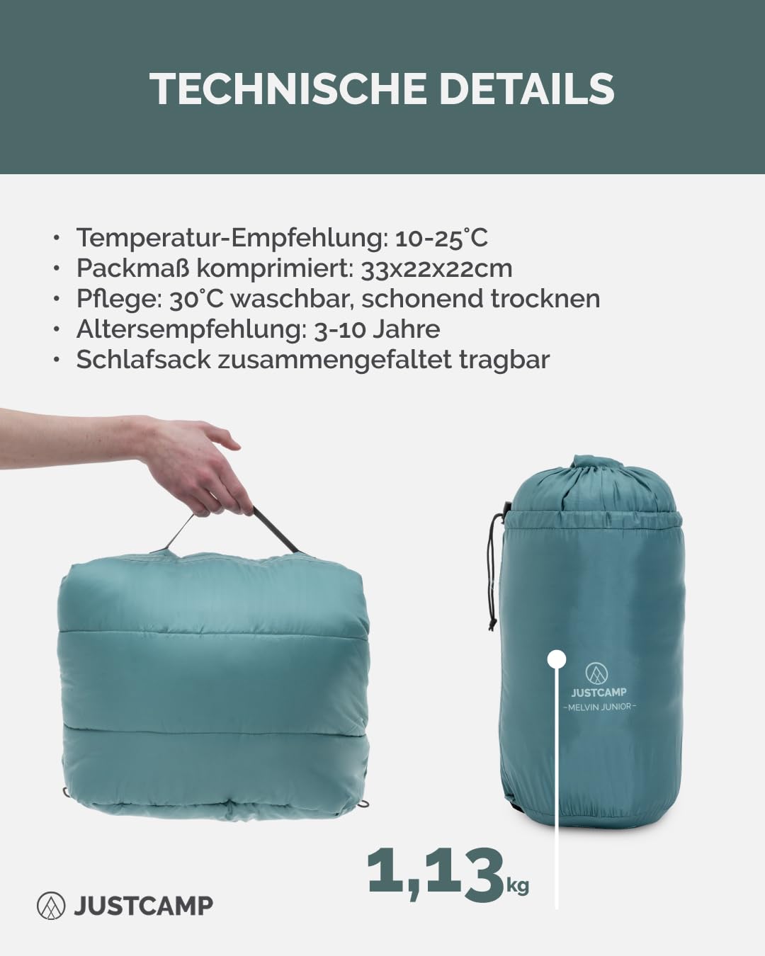 Justcamp Melvin Junior Kinderschlafsack Jungs & Mädchen (100-150 cm Körpergröße), Outdoor Schlafsack Kinder Camping