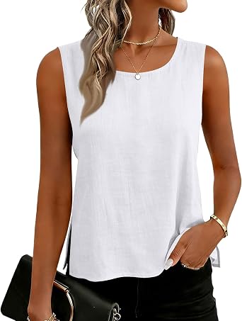 Tank Tops Women Womens Tanks Top Casual Solid Round Neck Sleeveless Tanks Summer Plain Camisole Pleated Boho Vest Loose Fit Top Elegant Shirt Flowy Blouse Basic Clothes UK,