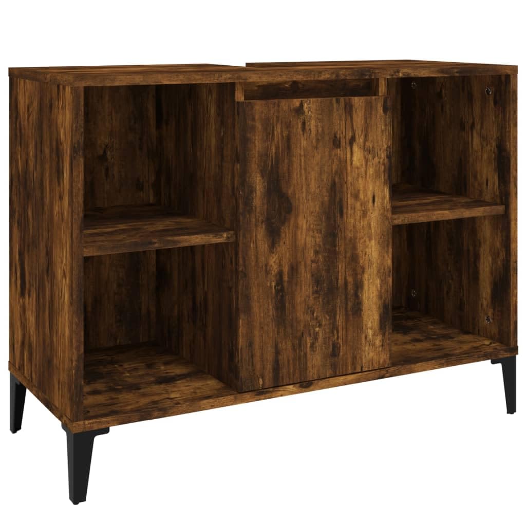 3-TLG. Badmöbel-Set Räuchereiche Badschrank Metallfüße, Badezimmer Unterschrank Hochschrank Midischrank, Badezimmermöbel Holzwerkstoff