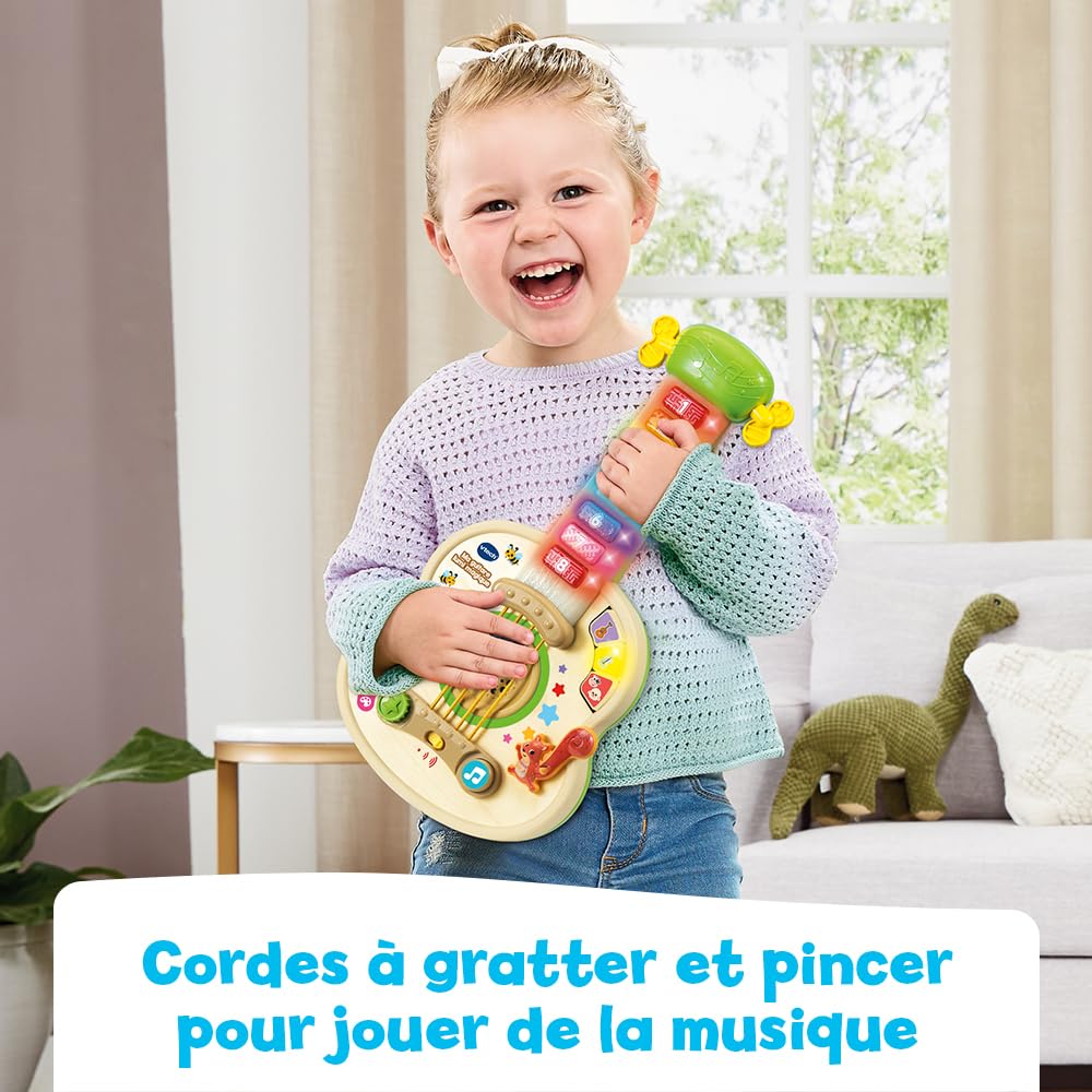 VTech - Ma Guitare Lumi Magique, Instrument de Musique Partiellement en Bois, Guitare Acoustique et Électrique, Jeu d'Éveil Musical et de Motricité Fine, Cadeau Bébé Dès 18 Mois - Contenu en Français