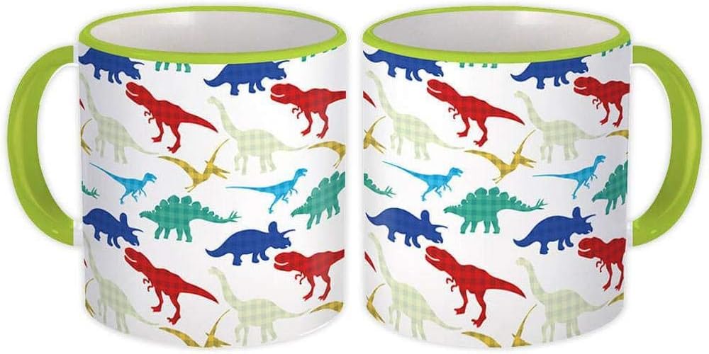 Dinosaurios coloridos : Taza de Regalo : Patrón a cuadros Dinos Habitación infantil Animales - Blanco con mango verde