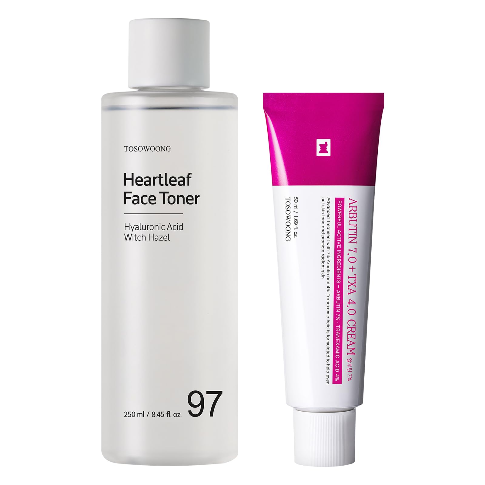 TOSOWOONG Calming Tone Duo, Heartleaf Face Toner und Arbutin 7% Tranexamic Acid 4% Cream, Korean Skincare Set mit 97% Heartleaf Water, Glutathione, Niacinamide für ebenmäßigen Hautton