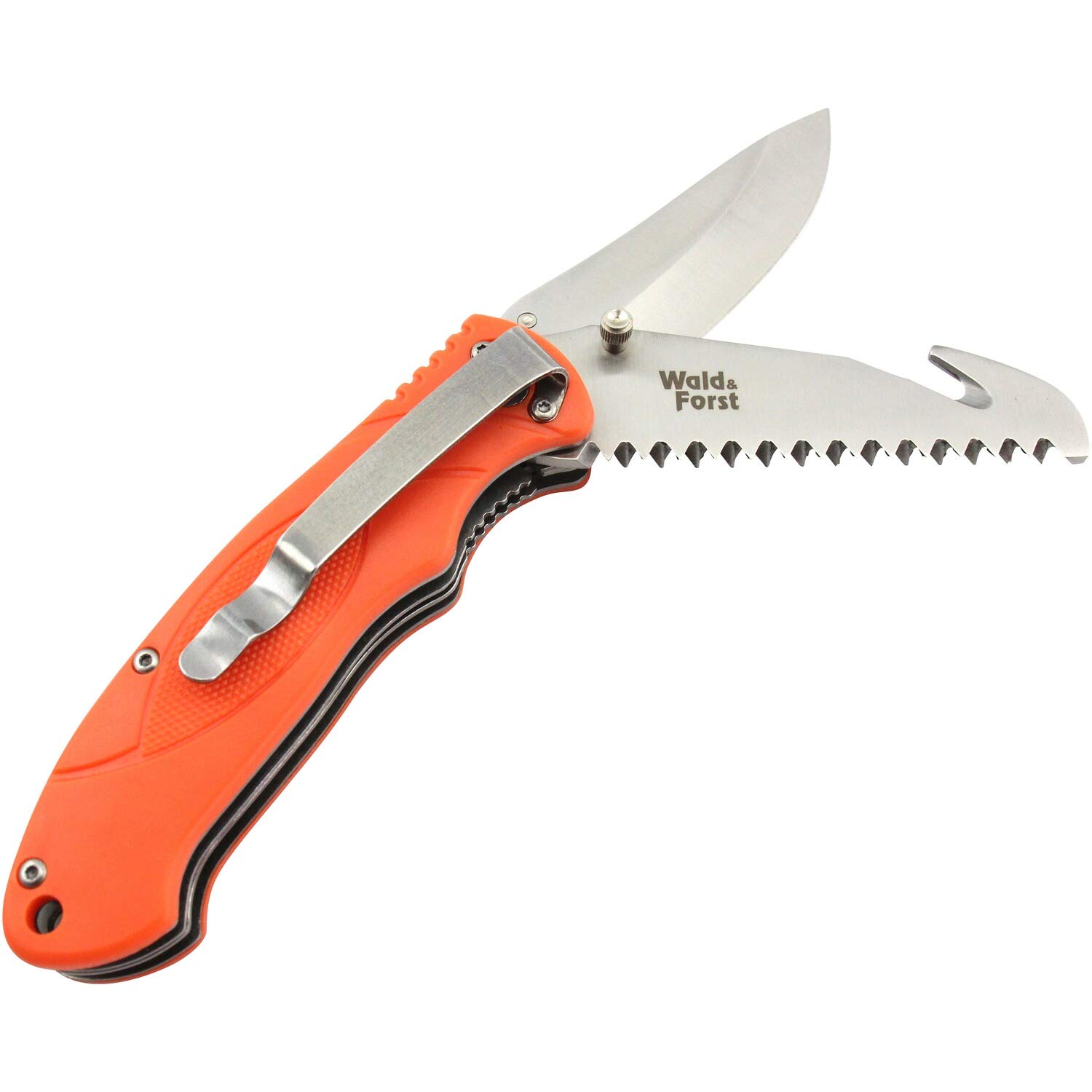 Wald & Forst Einhand-Jagdmesser Klappmesser mit Clip, Säge und Skinner, Signalorange, Aufbewahrungskoffer, 8 cm Klinge, 420-Stahl, Kunststoffgriff, 185 g, Faltbar, Wiederverwendbar, Jagd