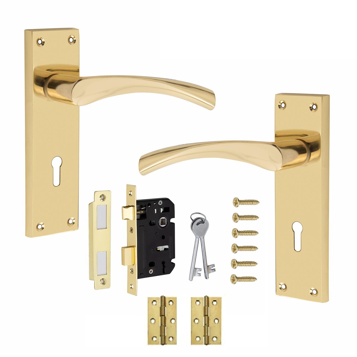 Golden Grace Victorian Scroll Astrid Door Handles in Polished Brass Lever Lock with 3 Lever Lock Set with 1 Pair of 3" Standard Butt Hinges