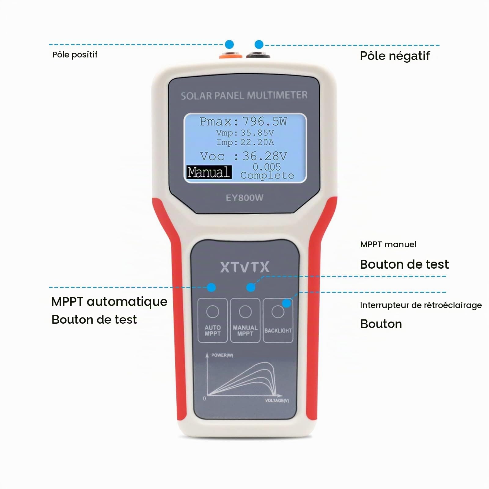 Testeur de panneau solaire, multimètre de panneau photovoltaïque style amélioré EY800W, avec écran LCD ultra clair
