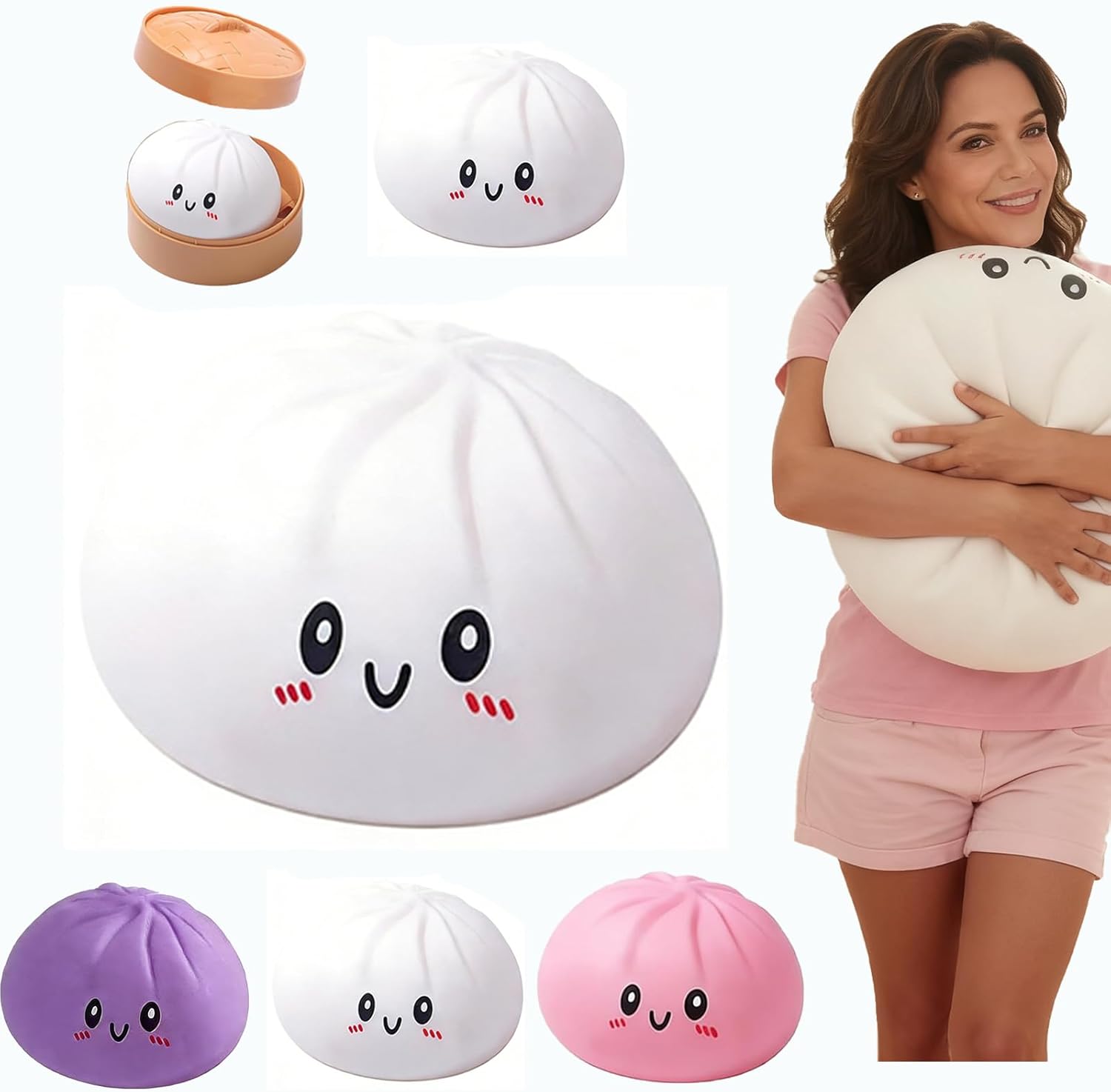 Jumbo Dumpling Squishy for Adults, 4/6/10 Inch Giant Big Dumpling Stress Ball, Soft Squeeze Decompression Dough, Anxiety Relief Fidget, Adult Fidget Tool (Pink L: 25cm/10inch（no Basket）)