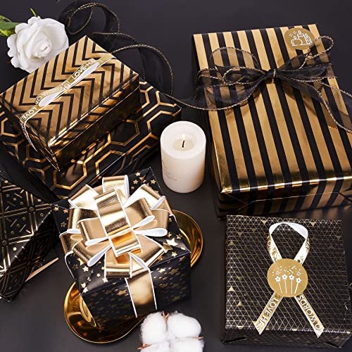 Larcenciel Gift Wrapping Paper Set, 6 Sheets Metallic Black Gold Foil Wrapping Paper w/Gift Bow & Sticker, Shiny Luxury Men Boys Gift Wraps for Birthday, Holiday, Graduation, Baby Shower, 27.5x19.6in - Image 4