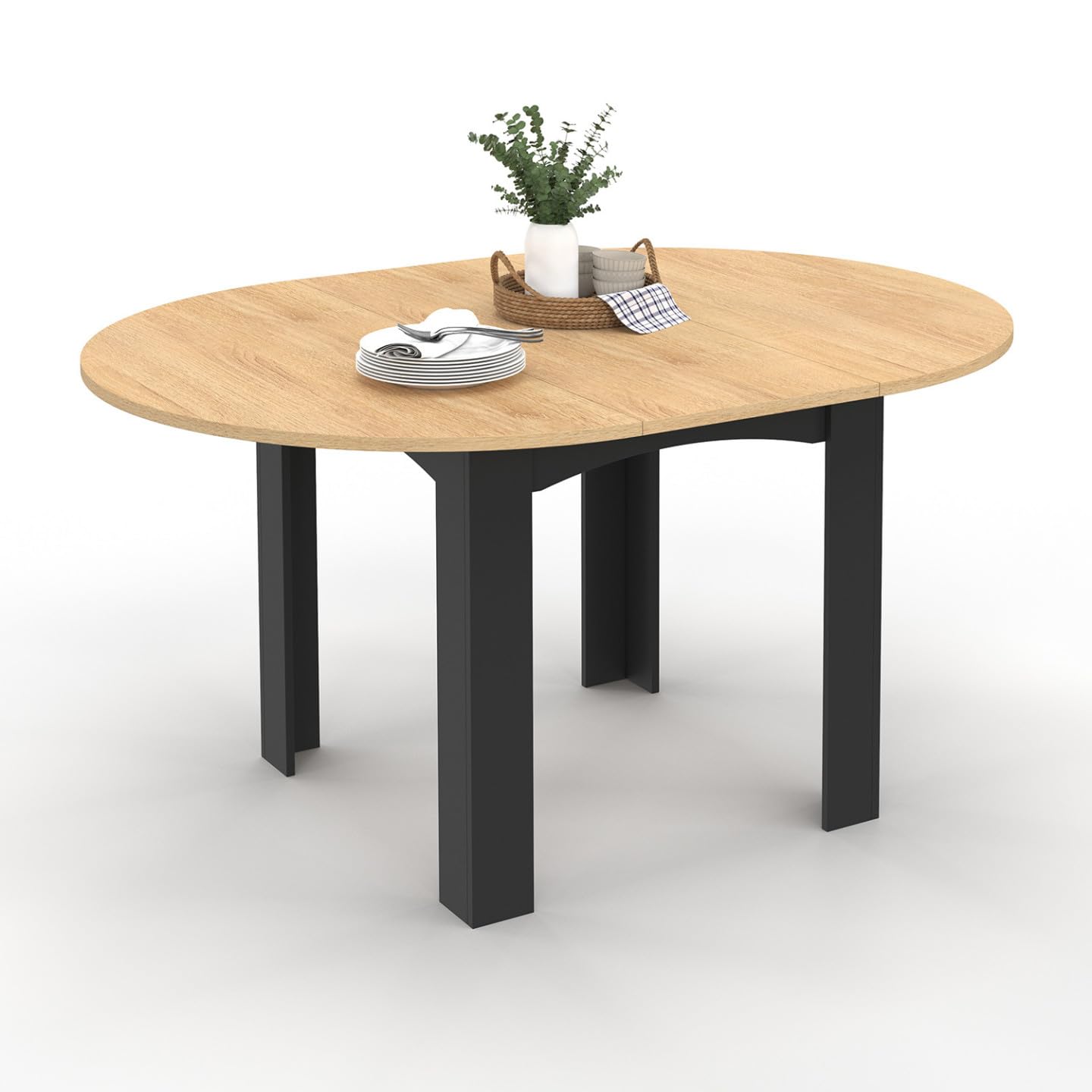 IDMarket Dona – Mesa de comedor extensible redonda para 4-​8 personas, color negro, bandeja de haya, 110-​150 cm