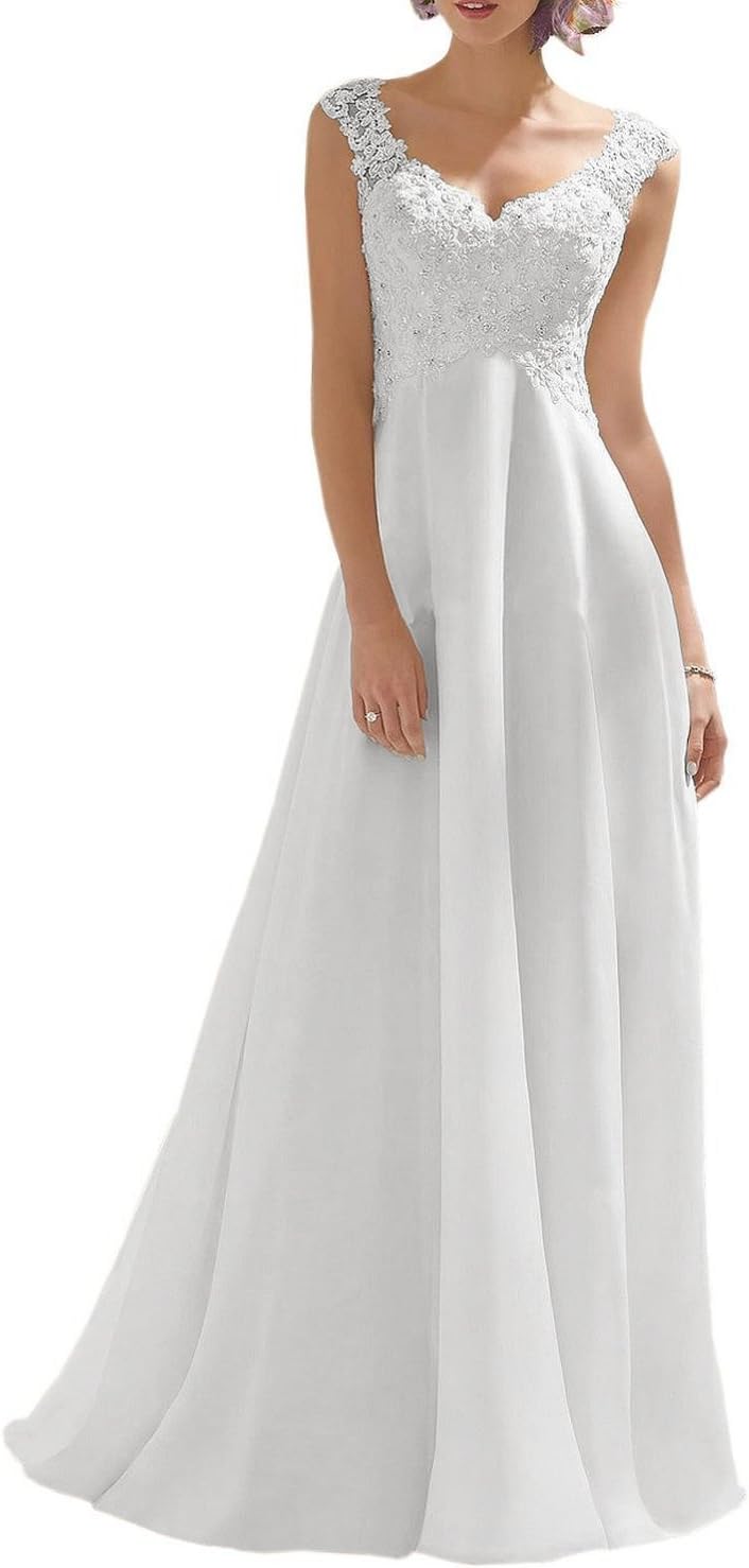 Luokadress Women's V-neck Sleeveless Lace Beaded Wedding Dress - 22 Plus - White