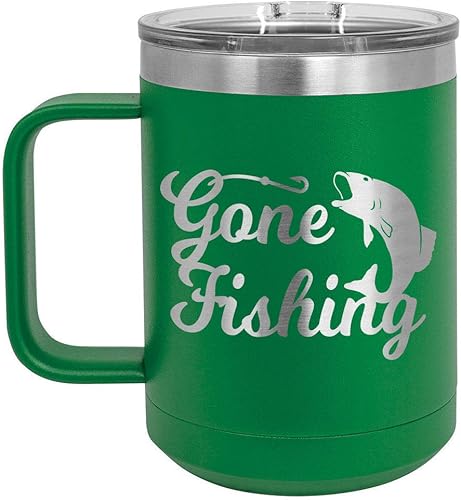 ONLYGIFTS.COM - Taza de café con tapa deslizante (13.0 fl oz), diseño con texto "GONE FISHIN", Verde