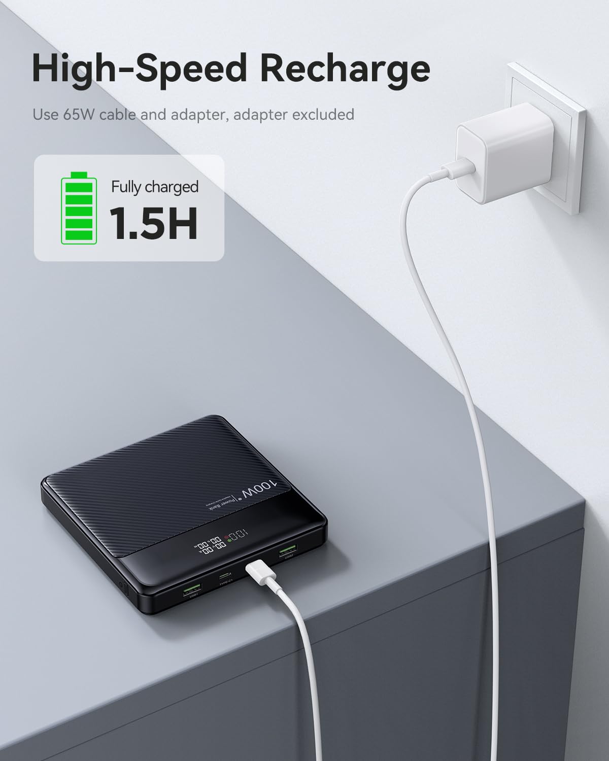 Power Bank 20000mAh Ricarica Rapida 100W Con Display LED E Torcia - Nero - 2