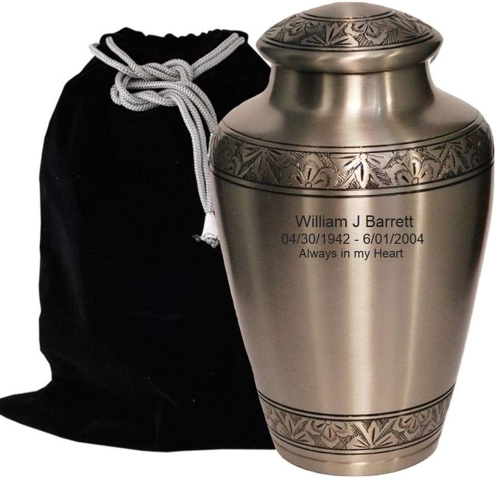 MEMORIALS 4U Custom Engraved Cremation Urn - Handcrafted Urn for Human Ashes - Affordable Urn for Ashes with Velvet Bag (Silver)