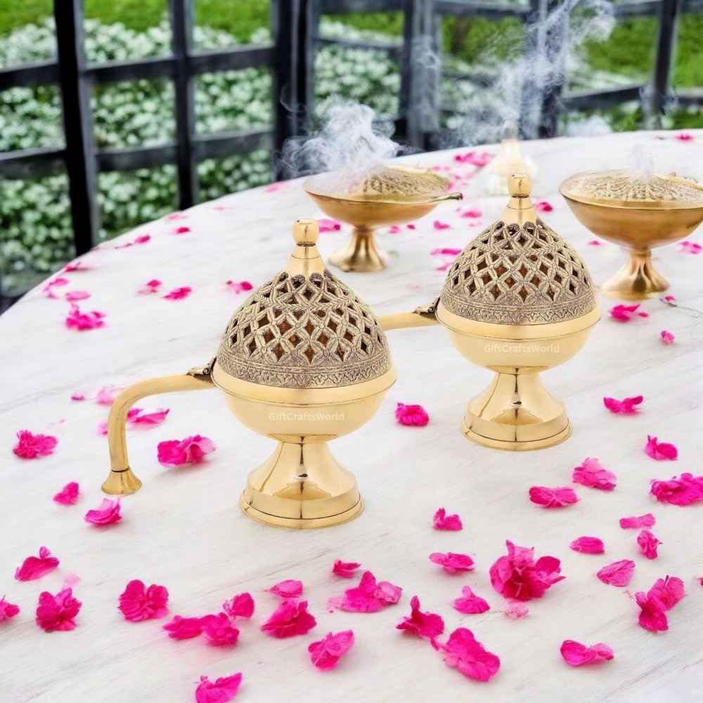 GiftCraftsWorld: Brass Incense Bakhoor Burner, Decorative Pooja Items, Kapoor Dani Holder, Living Room Decor - Dhoop Stick, Loban Batti Stand for Gift and Puja Set of 2 (5inch)