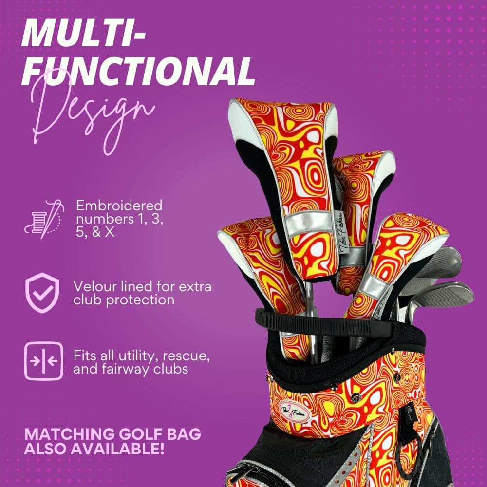 Womens Designer Golf Club Covers 4 Pack - Taboo Fashions Numbered Head Covers for Driver Woods & Hybrid - Weather/Moisture Resistant Protection (Colorful Patterns)