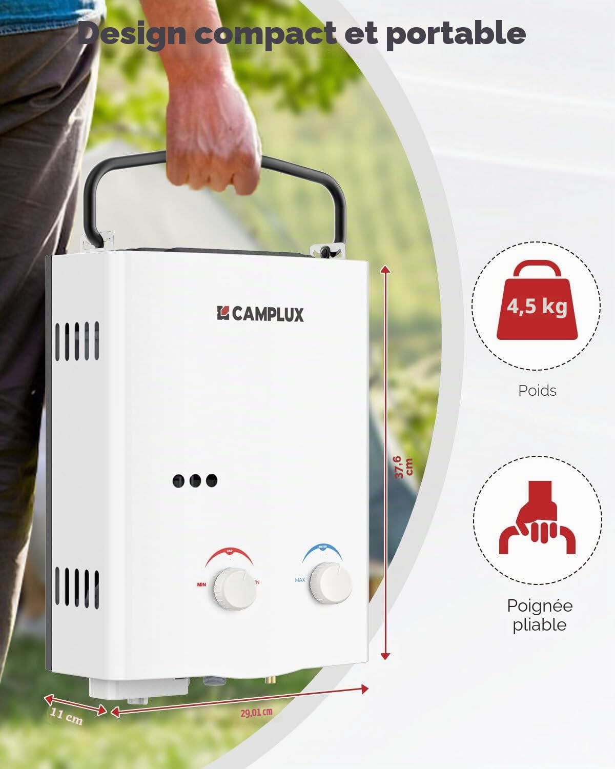 CAMPLUX AY132 Chauffe-eau à Gaz à 5 Litres Portatif, Instantané Extérieur Chauffe Bain à Gaz, Propane ou Butane, 10kW